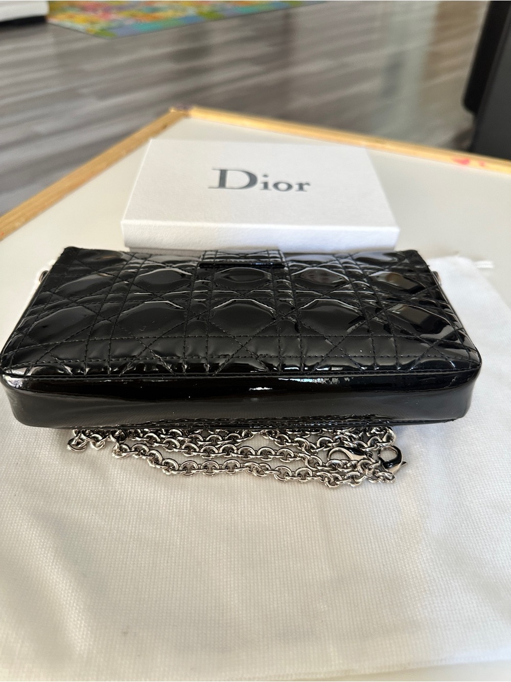 Dior Black Patent Quilted Crossbody with Silver Chain - Picture 6 of 9
